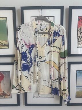 Reiss Cream Floral Tie-Neck Blouse with Navy & Green Accents